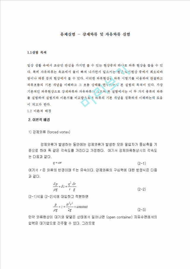 공학 유체실험 강제와류 및 자유와류 실험기타실험결과